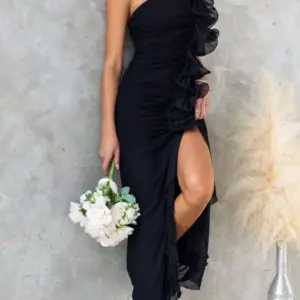 Women's One Shoulder Ruffle Maxi Dress Elegant High Slit Sleeveless Bodycon Evening Gown Formal Party Cocktail Dress for Wedding Guest