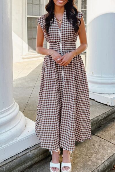 Vintage Gingham Zip-Front Midi Dress - Retro Plaid Sleeveless Casual Summer Dress - Image 2