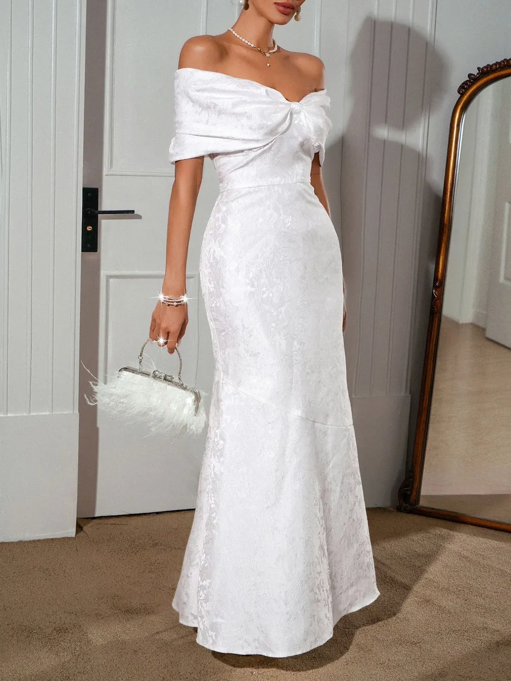 Chic Bow Off-Shoulder Maxi Dress - Romantic Elegant Formal Evening Gown - Image 3