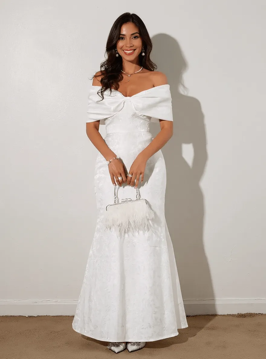 Chic Bow Off-Shoulder Maxi Dress - Romantic Elegant Formal Evening Gown - Image 4