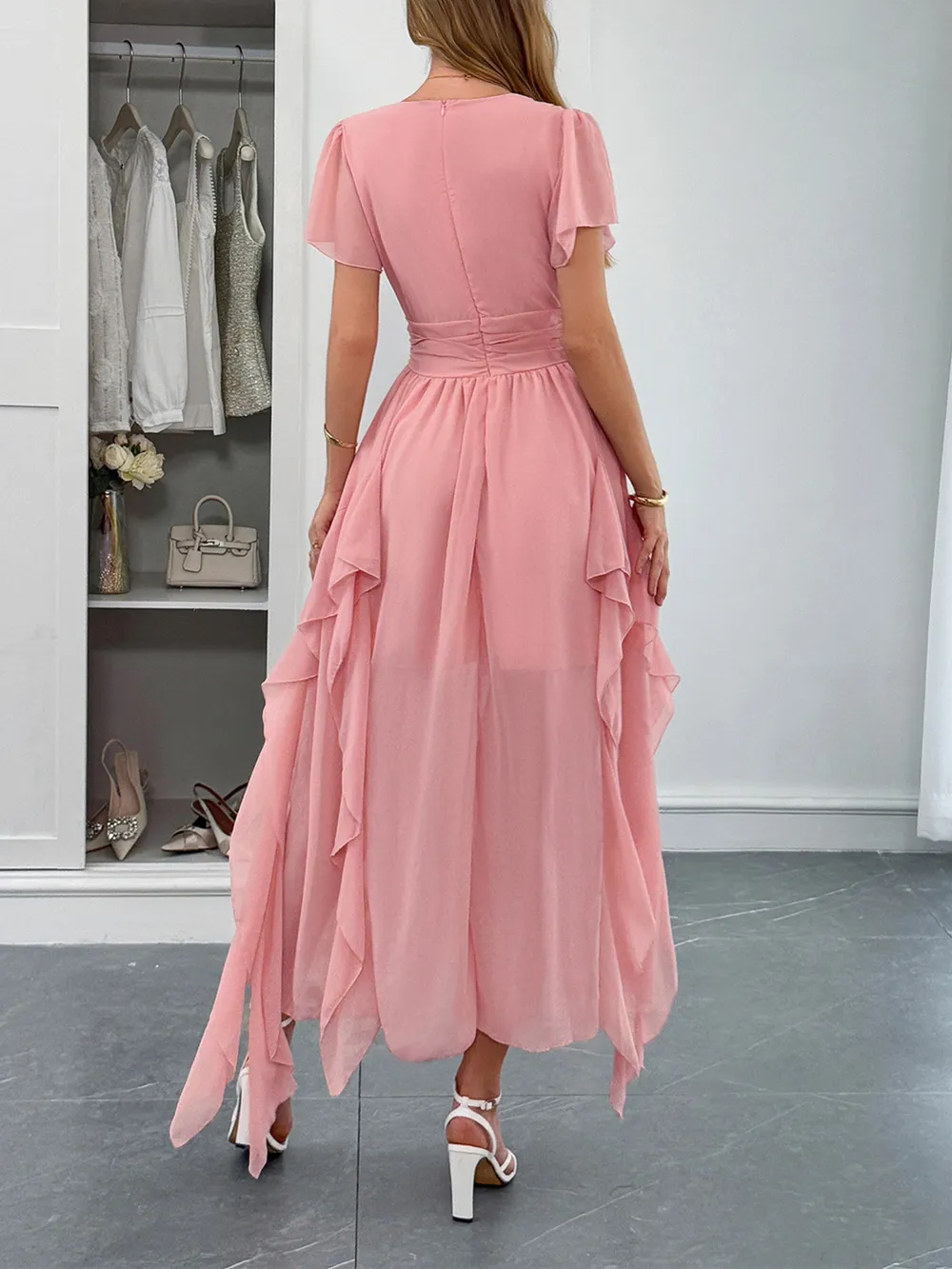 Chic V-Neck Flutter Sleeve Dress - Flowy Ruffle Casual Summer Sundress - Image 4