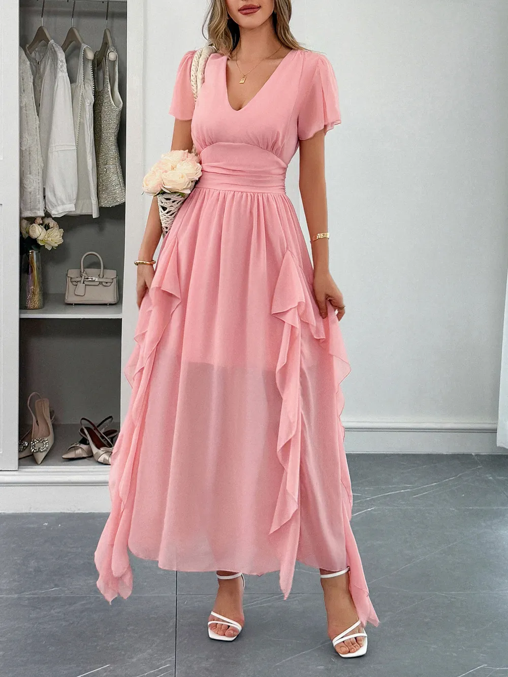Chic V-Neck Flutter Sleeve Dress - Flowy Ruffle Casual Summer Sundress - Image 3