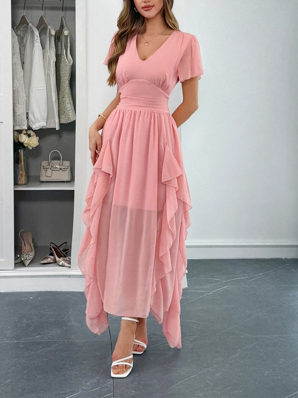Chic V-Neck Flutter Sleeve Dress - Flowy Ruffle Casual Summer Sundress - Image 2